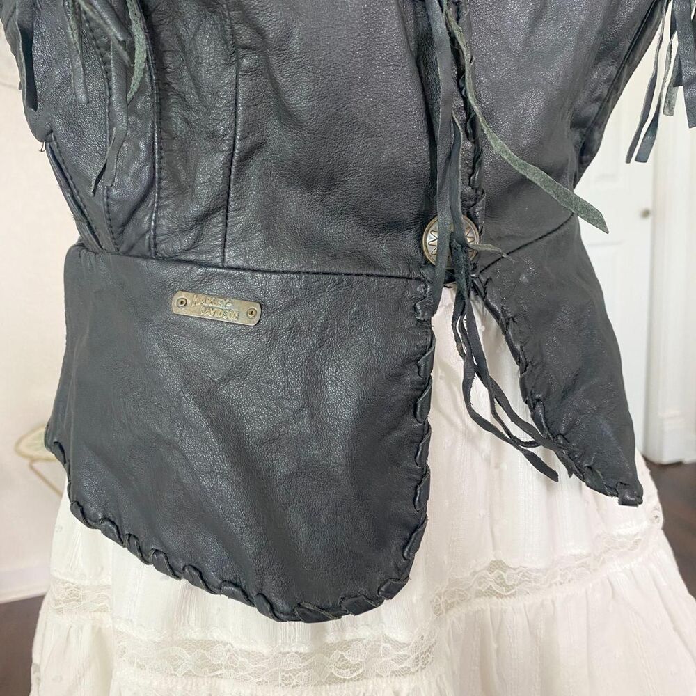 Vintage Harley Davidson 80s Black Quality Leather Fringe Biker Vest Size M - Picture 3 of 7
